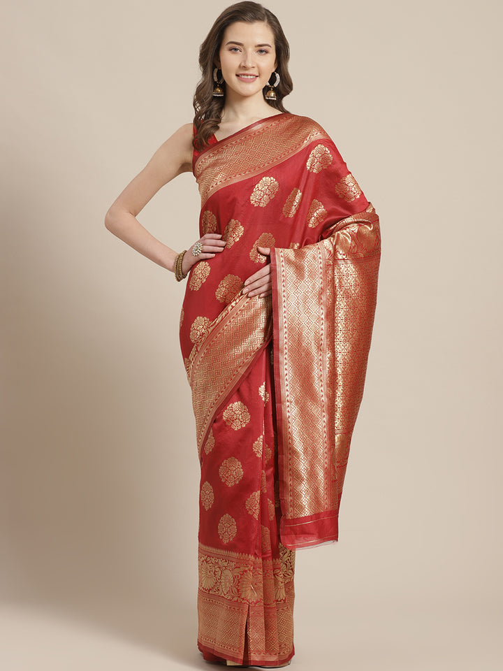 Banarasi Handloom Saree with Gold Zari Oxidised Weaving and Floral Ethnic Pattern