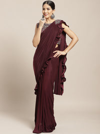 Burgundy Ruffled Pre-Draped Lycra Saree with Frills and Net Oxidised Embroidery Blouse
