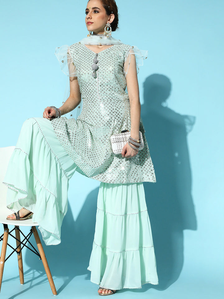 Chhabra 555 Peplum Flared Sequin Embroidered Suit with Tiered Sharara & Embellished Net Dupatta