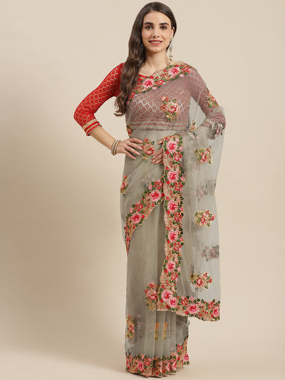 Chhabra 555 Net Floral Zari & Resham Embroidered Saree Embellished With Scalloped Cutwork Border