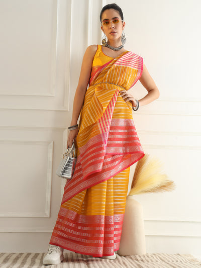 Chhabra 555 Yellow Chanderi Silk Stripes Woven Traditional Saree Embellished With Contrast Blouse