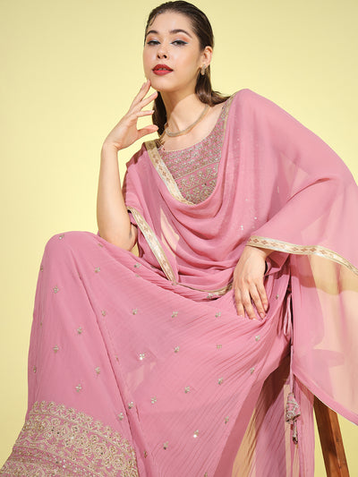 Chhabra 555 Made-to-Measure Dusty Pink Zari Embroidered & Sequence Embellished Long Nayra-Cut High Slit Pleated Kurta With Flared Palazzo Dupatta Set