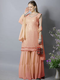 Chhabra 555 Made to Measure Peach Sequin Embroidered Georgette Kurta with Layered Sharara