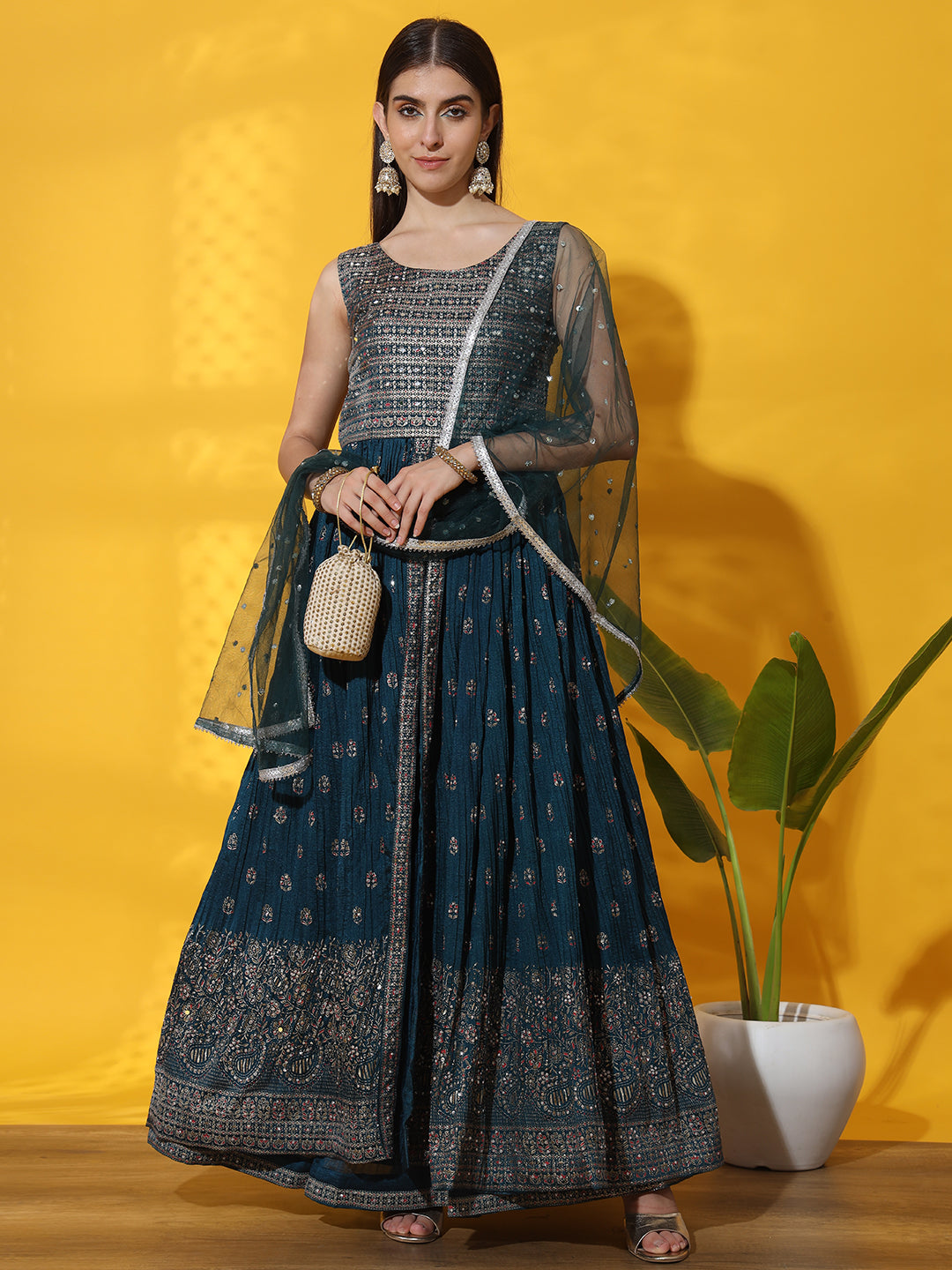 Chhabra 555 Mirror Embellished Foil Print Jacket style Front Slit Kurta with Flared Pleated Lehenga