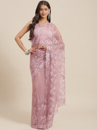 Chhabra 555 Pastel Nude Pink Resham Embroidered Tulle Saree With Cut-Work Scalloped Border