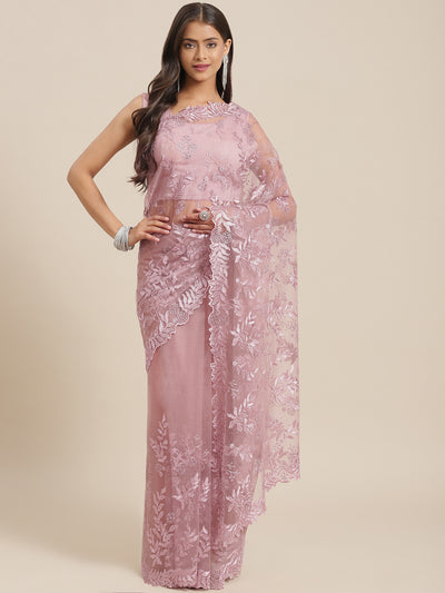 Chhabra 555 Pastel Nude Pink Resham Embroidered Tulle Saree With Cut-Work Scalloped Border