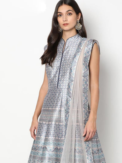 Chhabra 555 Made to Measure Silver Grey Long Digital Printed Gown Witn Net Dupatta