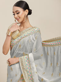 Pastel Grey Resham Embroidery & Stone Embellished Georgette Saree