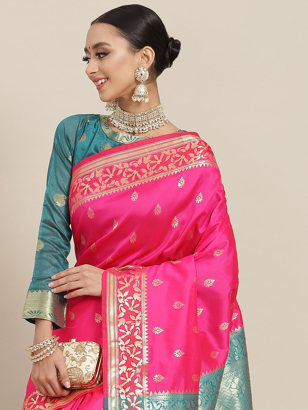Chhabra 555 Fuchsia Pink Floral Ethnic Motifs Banarasi Silk Saree with Contrast Pallu & Jhalar
