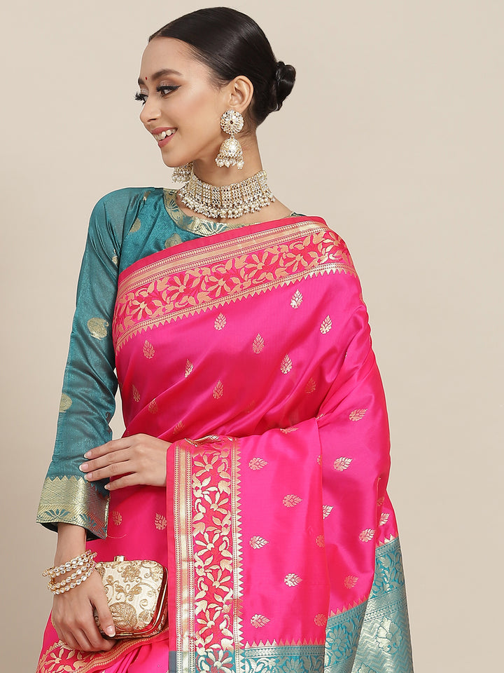 Chhabra 555 Fuchsia Pink Floral Ethnic Motifs Banarasi Silk Saree with Contrast Pallu & Jhalar