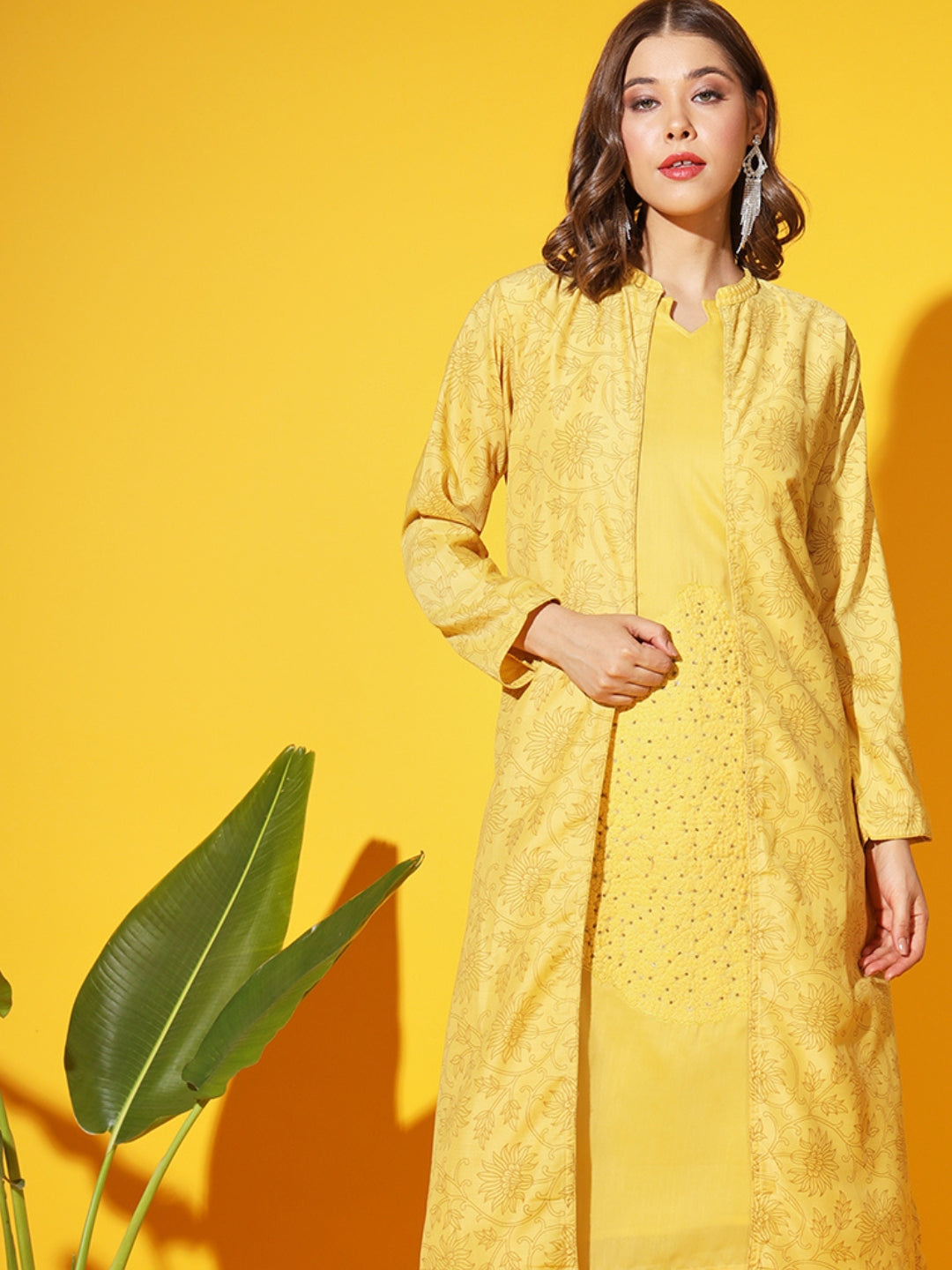 Chhabra 555 Made-to-Measure Yellow Thread Embroidered Cotton Kurta Palazzo Set With Printed Jacket