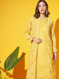 Chhabra 555 Made-to-Measure Yellow Thread Embroidered Cotton Kurta Palazzo Set With Printed Jacket