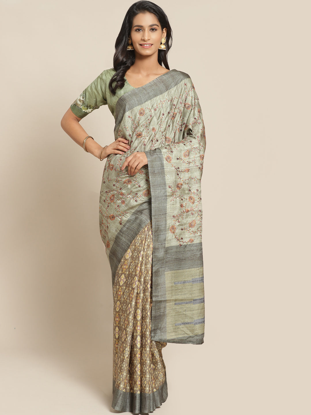 Kantha embroidered Handloom Half-and-Half Saree with Ikat inspired Indie Print in pleats