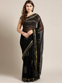 Chhabra 555 Black Chiffon Hand-dyed saree with Mukaish embellished Satin Border and Radha Rani Motif