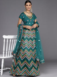 Chhabra 555 Semi-Stitched  Teal Chevron Net Lehenga Set With Multi Color Resham & Mirror Embroidery