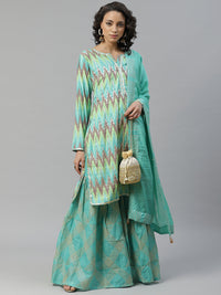 Made to Measure Teal Green Cotton Gotta Patti Geomectrical Embroidery Kurta, Readymade Sharara Set with Cotton Dupatta