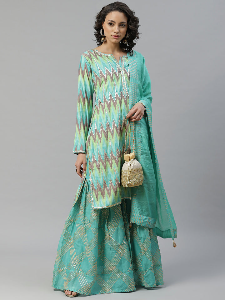 Made to Measure Teal Green Cotton Gotta Patti Geomectrical Embroidery Kurta, Readymade Sharara Set with Cotton Dupatta