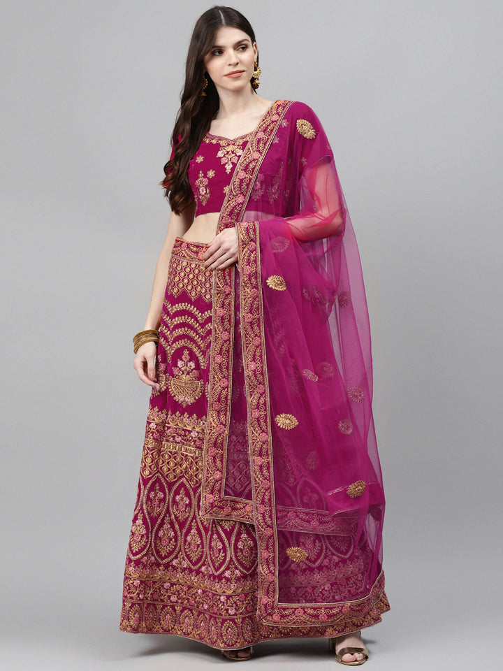 Magenta Velvet Bridal Semi-Stitched Lehenga Set with Gold Zari & Pearl Heavy Embroidery