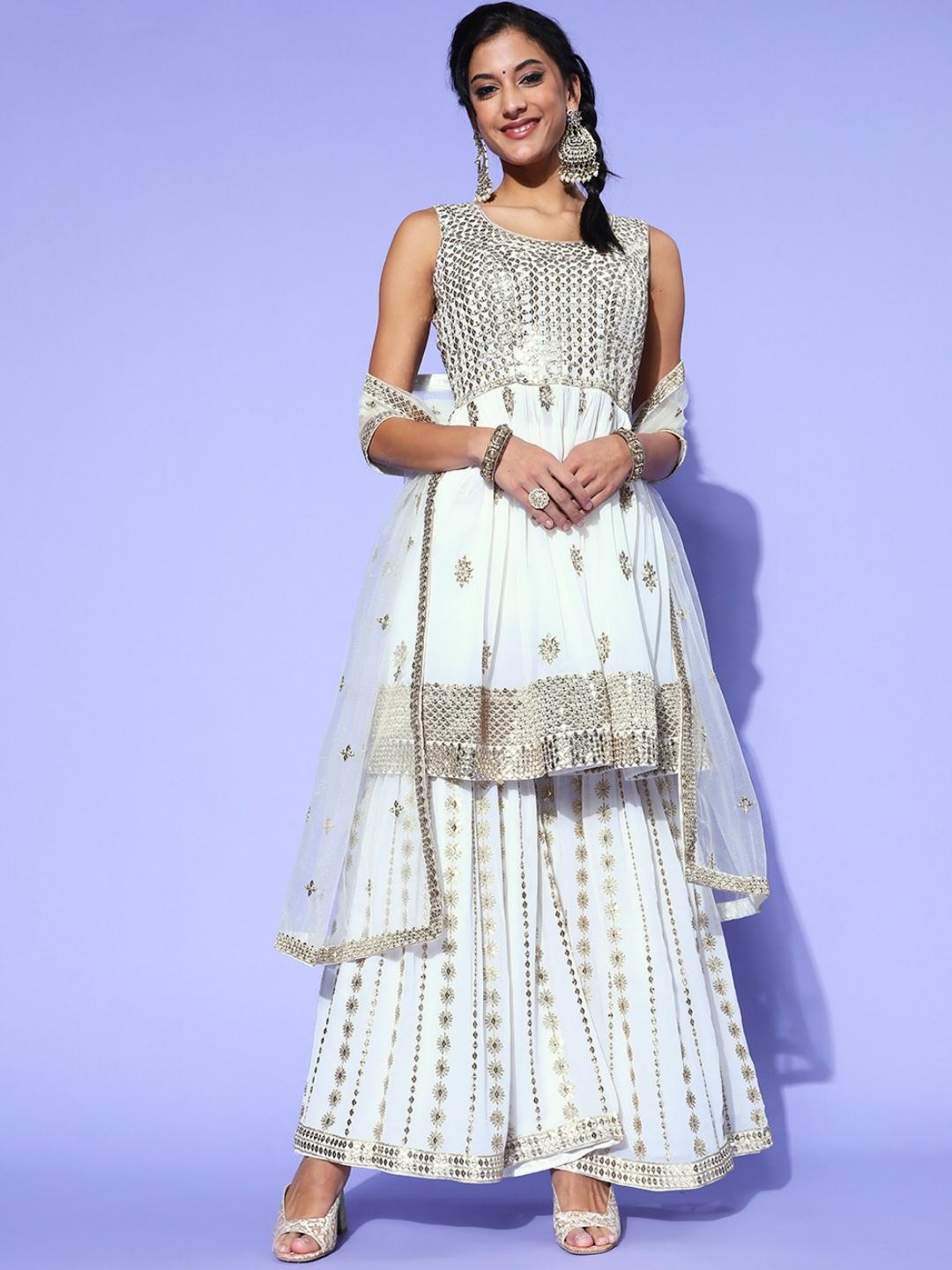 Chhabra 555 Made to Measure Cream Sequin & Zari Embroidered Peplum Kurta Sharara Set 