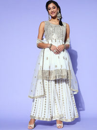 Chhabra 555 Made to Measure Cream Sequin & Zari Embroidered Peplum Kurta Sharara Set 