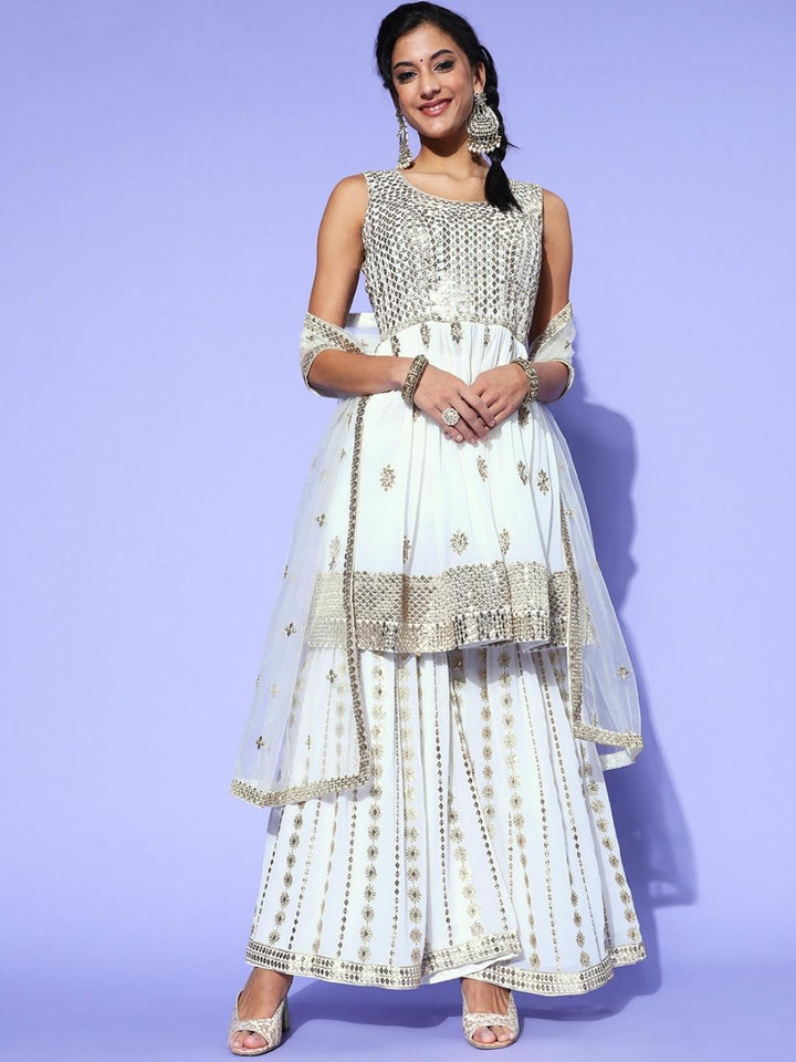 Chhabra 555 Made to Measure Cream Sequin & Zari Embroidered Peplum Kurta Sharara Set 