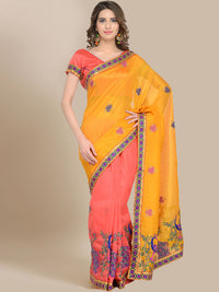 Mustard Yellow & Peach-Coloured Art Silk Woven Design Saree