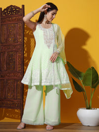 Chhabra 555 Pastel Resham Embroidered Peplum KaLidar Kurta Set with Pearl Bead Embellished Neckline 