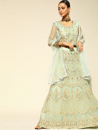 Chhabra 555 Made to Measure Sea Green Kalidar Lehanga Choli With Mirror, Zari & Resham Embroidery