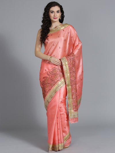 Chhabra 555 Silk Peach Saree with tussar and Resham Embroidery with Paisley Pattern Saree