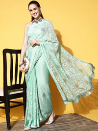 Chhabra 555 Pastel Green Sequin Embellished Shimmer Georgette Cocktail Saree
