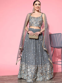 Chhabra 555 Grey Embellished Crop-Top Georgette Lehenga Set with Sequinned Net Dupatta 