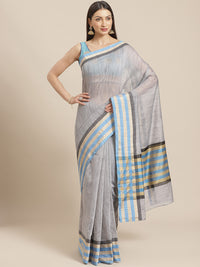 Grey Mangalagiri Jute Silk Saree with Colorblocked Contrast Color Striped Border & Pallu