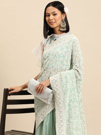 Chhabra 555 Pastel Green Thread Chicken Embroidered Georgette Party Wear Saree With Cutwork Border