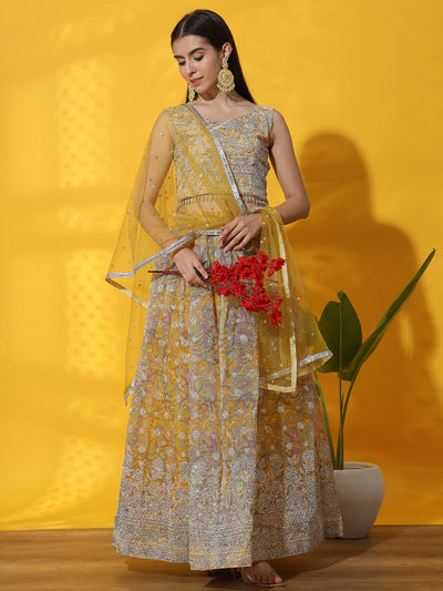 Chhabra 555 Digital Print Organza Lehenga set with Floral Rubber Print & Embellished Tassled Blouse