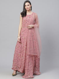 Made to Measure Rose Gold Gown with Digital Floral Print & Embellished Belt, Dupatta