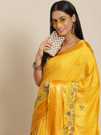 Chhabra 555 Mustard Art Silk Resham Multicolor  Embroidered Peacock Motifs Traditional Saree & Tassels 