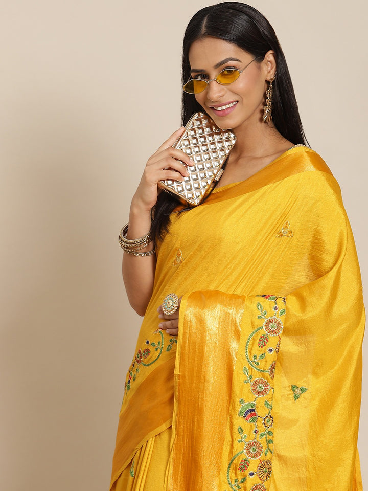 Chhabra 555 Mustard Art Silk Resham Multicolor  Embroidered Peacock Motifs Traditional Saree & Tassels 