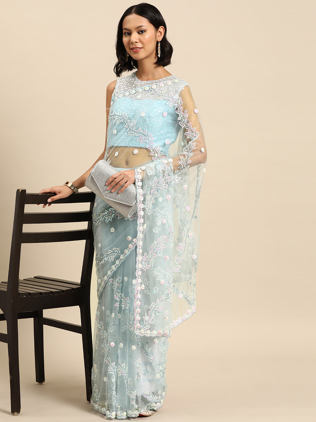 Chhabra 555 Summar Pastel Multicolor Sequences Embellished Party Wear Net Saree With Cutwork Border