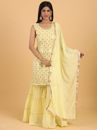 Chhabra 555 Made to Measure Yellow Resham & Sequin Embellished Georgette Kurta Sharara Dupatta Set