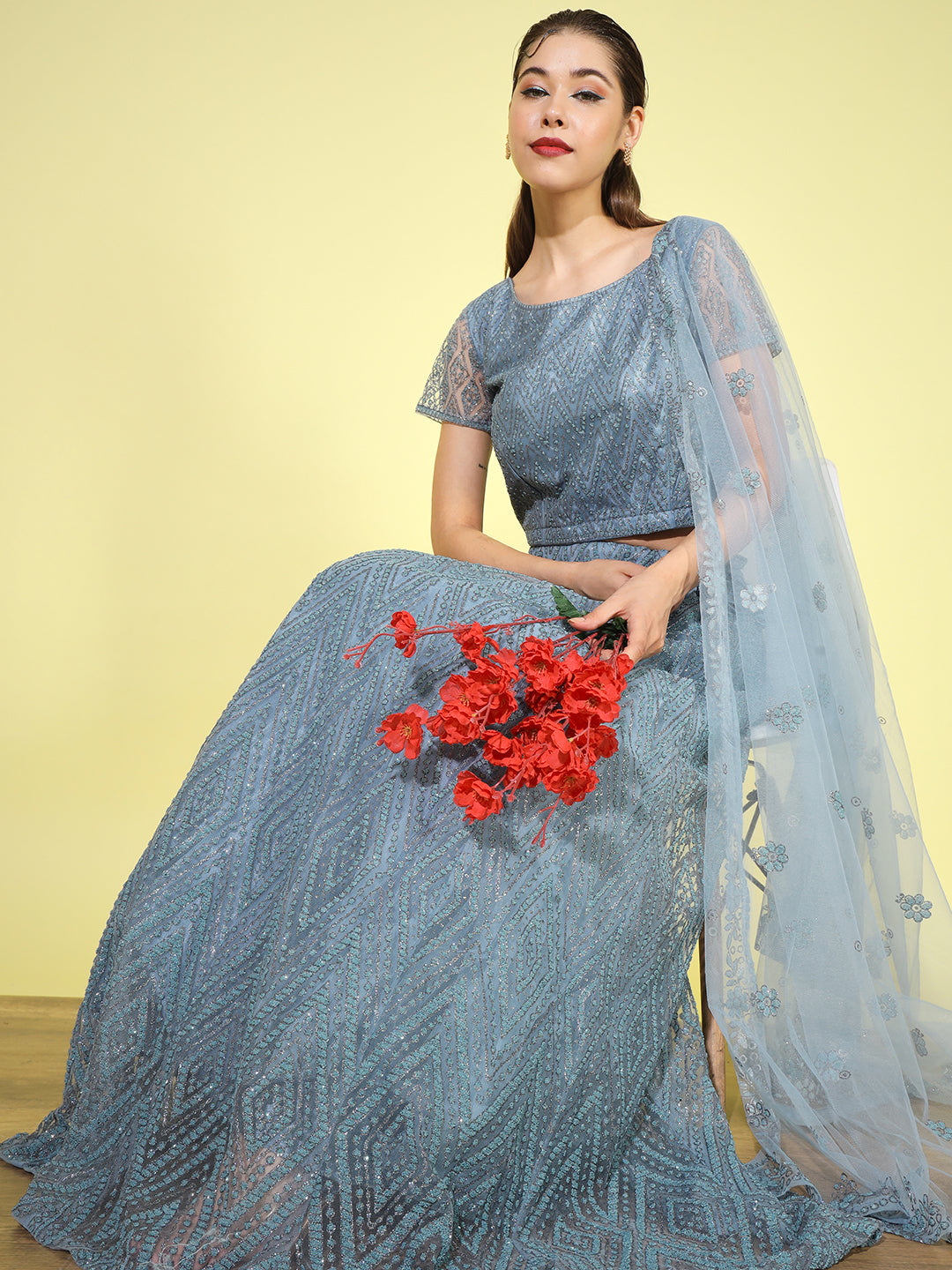 Chhabra 555 Pastel Chevron Net Lehenga Choli with Intricate Bead Embellishment & Scalloped Dupatta