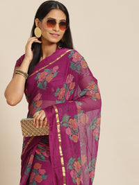 Chhabra 555 Burgundy Floral Digital Printed & Glitter Embellished Chiffon Saree with Zari Border 