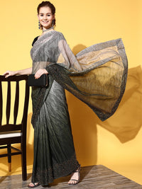 Chhabra 555 Green Ombre Shimmer Georgette Cocktail Saree With Crystal Studded Embellished Border