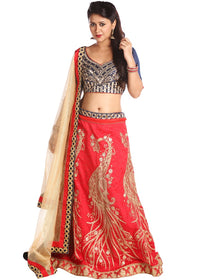 Red & Blue Art Silk Embroidered with Satin Inner Lehenga with Contrast Blouse & Net Dupatta