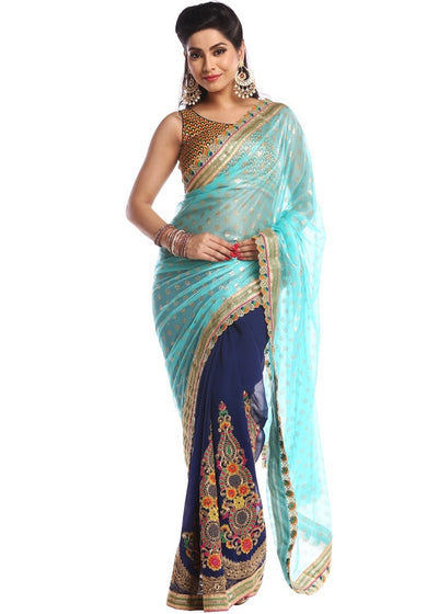Chhabra 555 Green & Blue Colored Georgette Embroidered Half & Half Saree