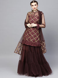 Chhabra 555 Made-to-Measure Purple Net Kurta Sharara Set with Zari, Sequence and Pearl embroidery