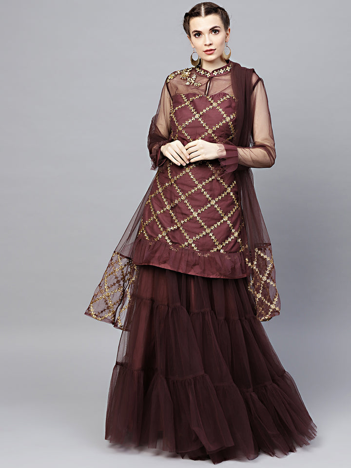 Chhabra 555 Made-to-Measure Purple Net Kurta Sharara Set with Zari, Sequence and Pearl embroidery