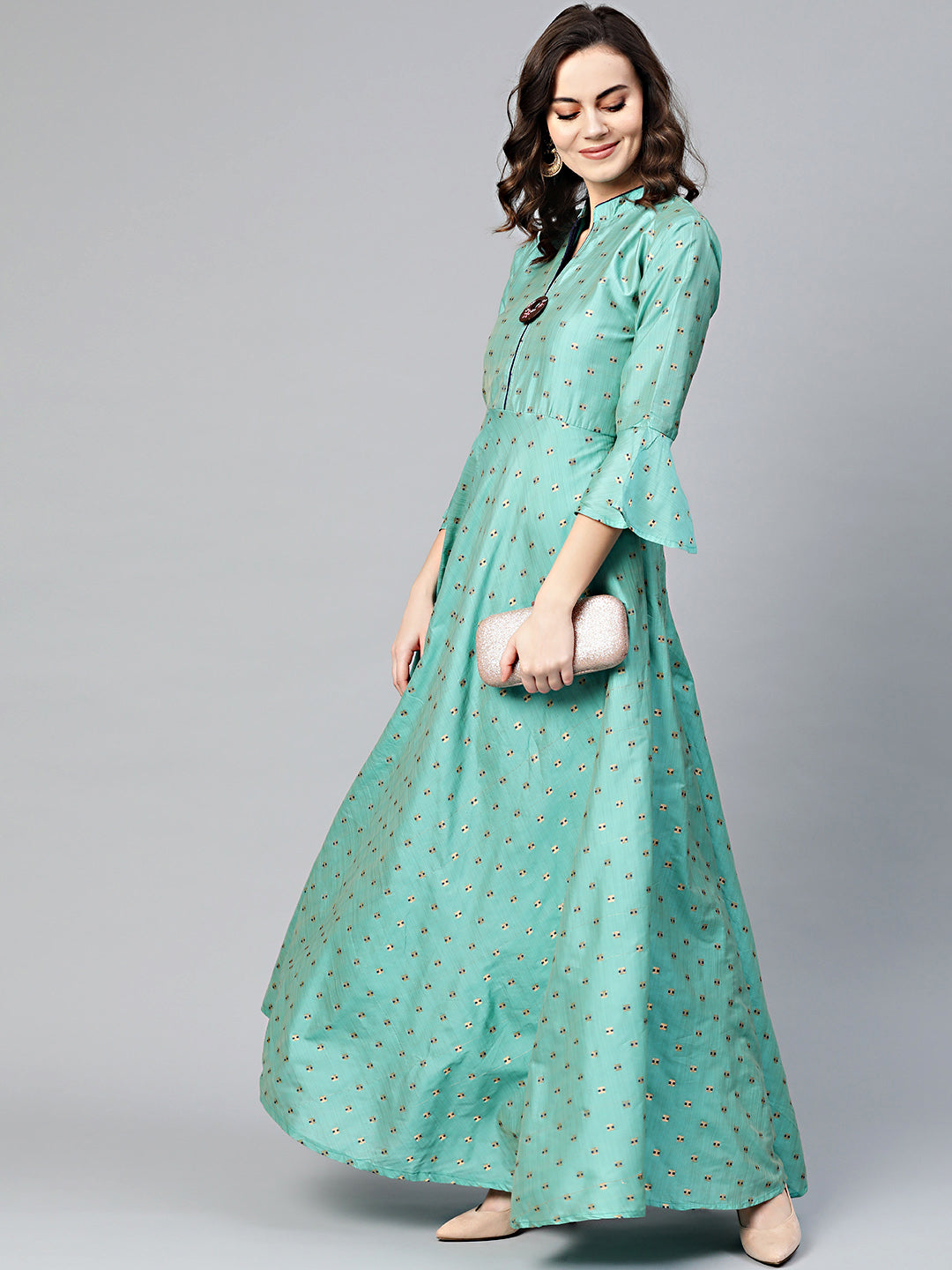 Chhabra 555 Made to Measure Anarkali Printed Kurta Dress with Zari Resham Weaving and bell sleeves