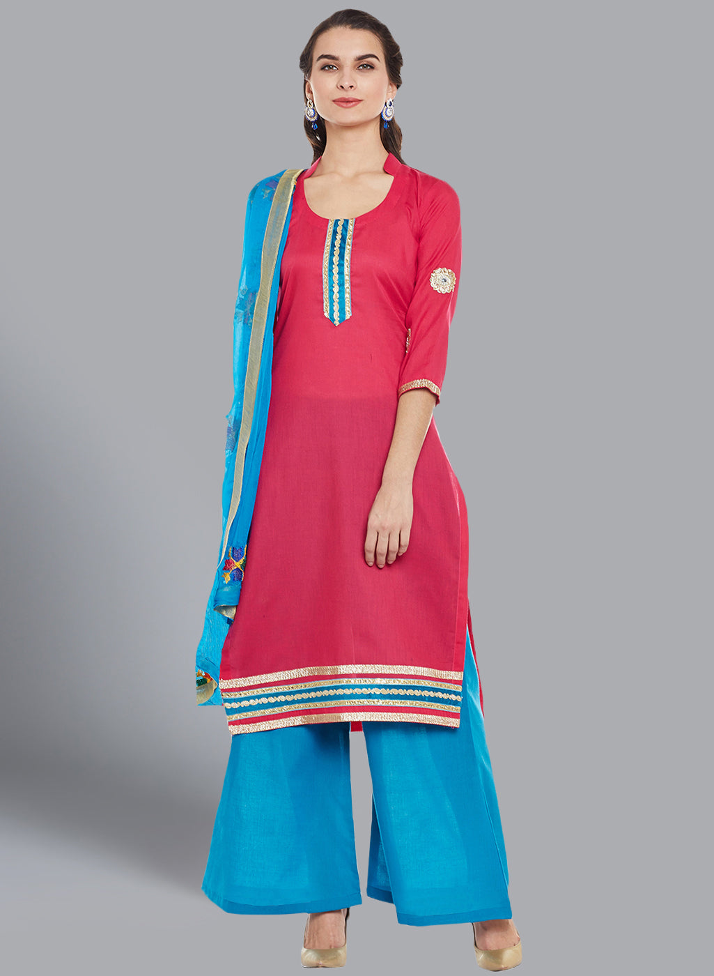 Chhabra 555 Cotton Dress Material with Floral Resham Phulkari Embroidery and Colorful Gota border