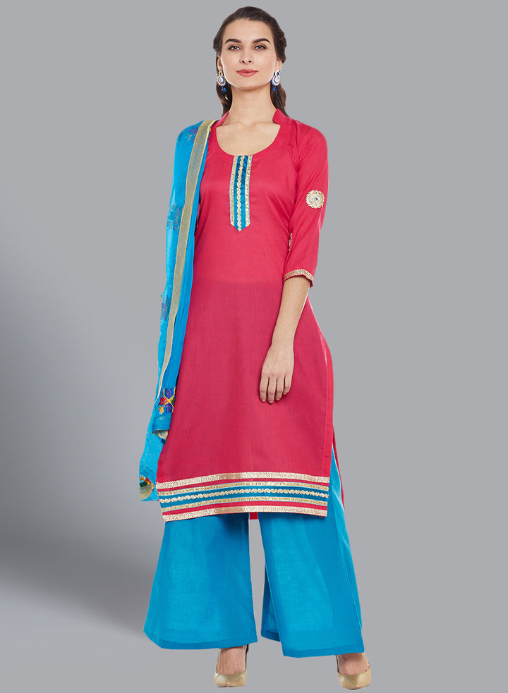 Chhabra 555 Cotton Dress Material with Floral Resham Phulkari Embroidery and Colorful Gota border