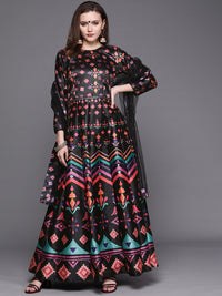 Black Digital Print Anarkali Crystal Embellishment Gown